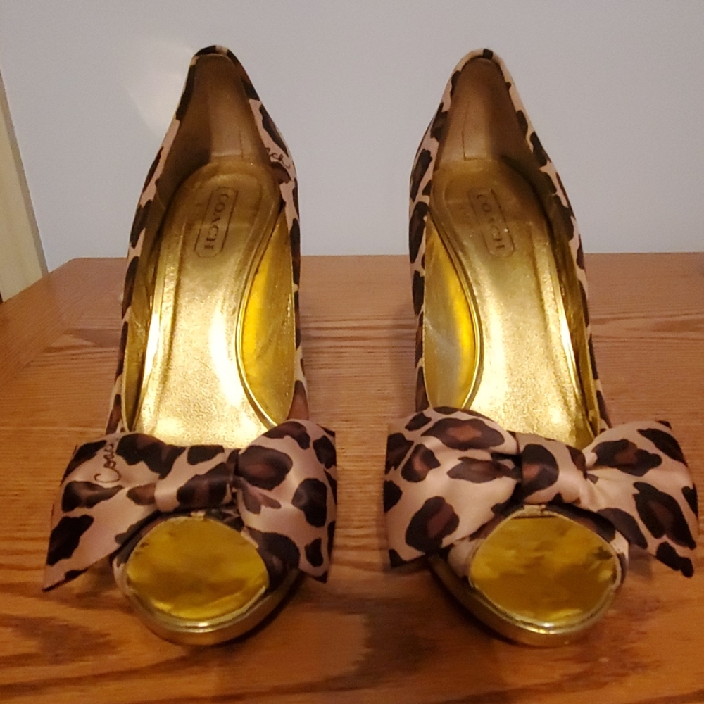 Coach Leopard Satin Daisy Peep Toe Heels
